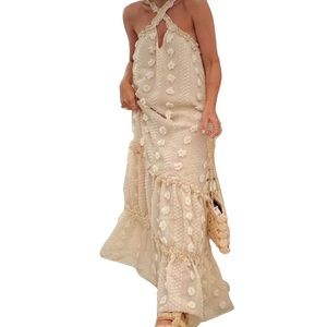 Waterfall Appliqué Flowers Tie Strap Loose Long Halter Ruffle Dress